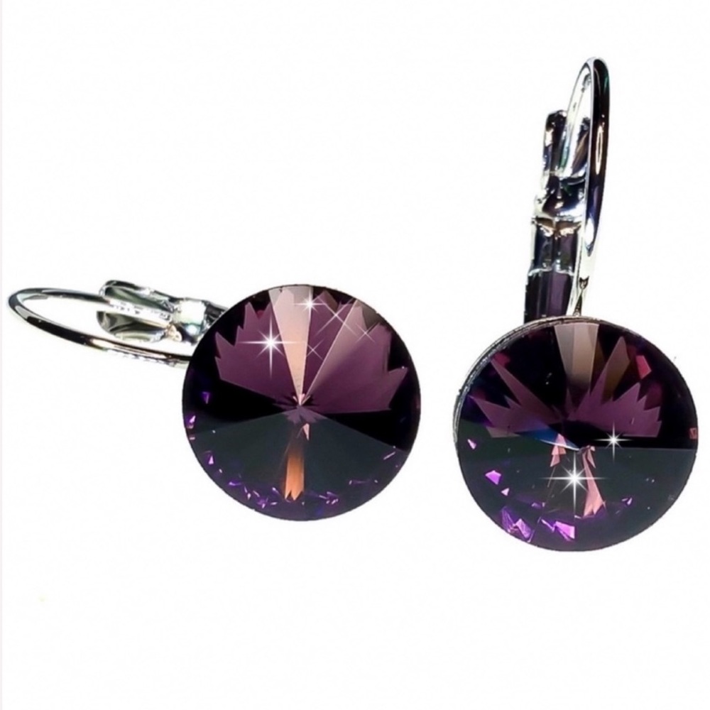 Deep Plum Austrian Crystal Lever Back Earrings - Picture 3 of 8